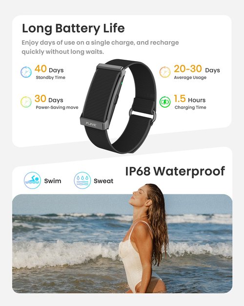 Smart Bracelet, Health Fitness & Activity Tracker with All-Day Continuous Heart Rate/Blood Pressure Monitor, Sleep Tracker, 170+ Sport Modes, 60 Day Battery & Free App, IP68 Smart Band for Android IOS