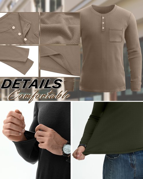 August Alley 3 Pack Men's Waffle Henley Long Sleeve Thermal Shirts, Lightweight Casual Undershirts Pullover Tops with Pockets(Black, Coffee, Dark Army Green,Large)