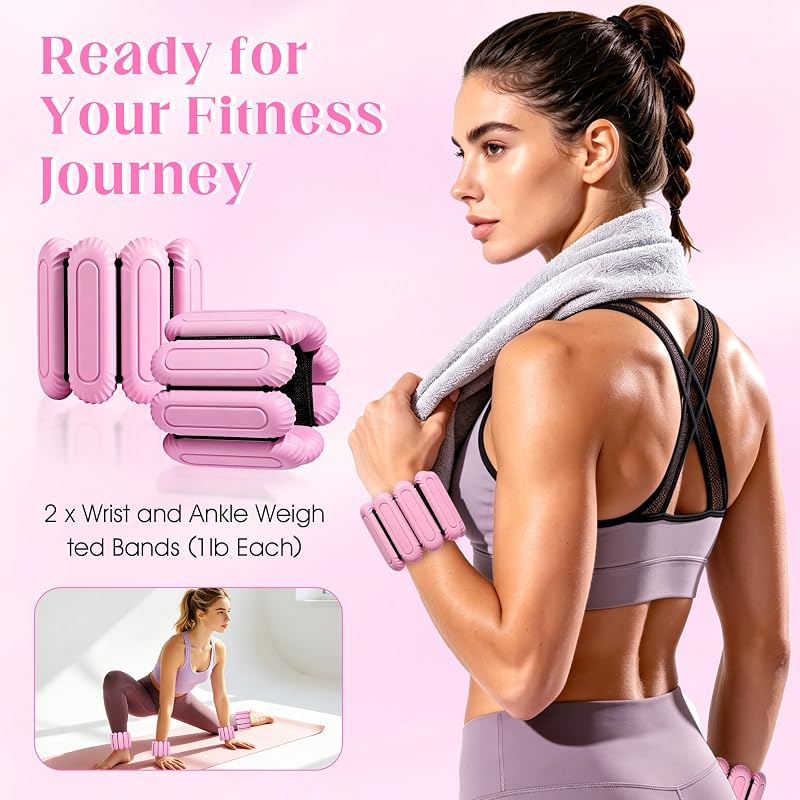 2lb Silicone Wrist & Ankle Weights - Removable Steel Blocks, Adjustable, Pink
