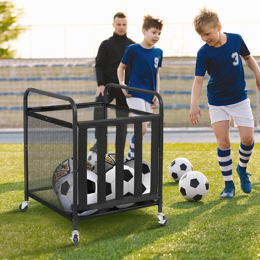 STO STO Rolling Sports Ball Storage Cart - Lockable Basketball Cage & Organizer | Steel Rack for Indoor/Outdoor Use, Black