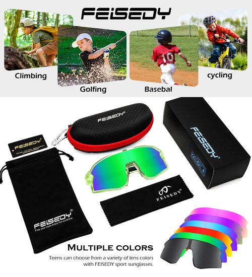 FEISEDY Kids Sunglasses Polarized Youth Baseball Sunglasses Sports Cycling Glasses for Boys Girls Age 4-8 B0183