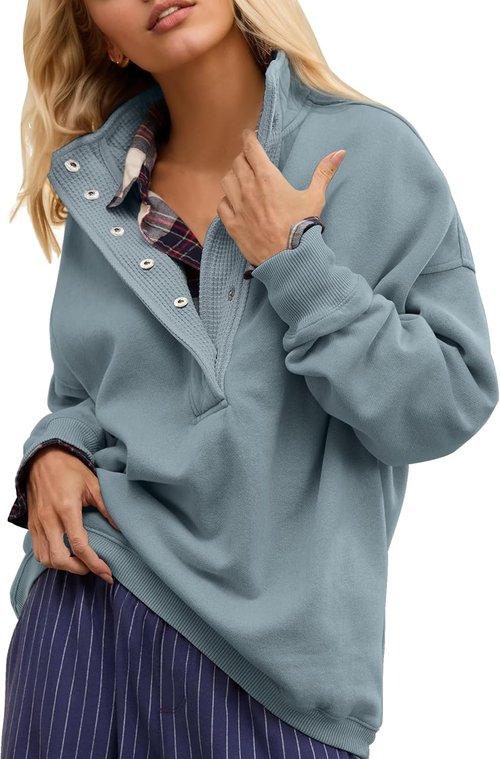 Gacaky Oversized Sweatshirt for Women - Casual Long Sleeve Button Henley Neck Pullover Top