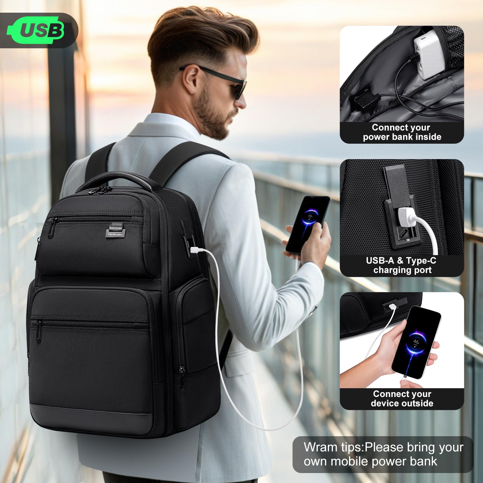 FENRUIEN Business Travel Backpack for Men,Large Capacity Laptop Backpack with USB Charging Port,Multifunctional Water Resistant Expandable Black Bag Fits 15.6 Inch computer