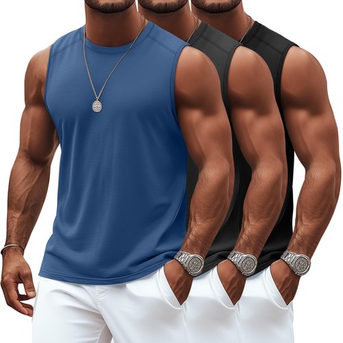 Ficerd 3 Pack Men's Sleeveless Tank Tops, Crewneck Casual Summer Tee Beach T Shirt Workout Run Gym Muscle Shirt(Black, Dark Gray, Denim Blue,X-Large)