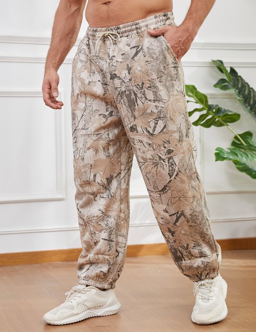 Eutten Mens Camo Sweatpants Baggy Maple Leaf Print Tapered Joggers Fleece Drawstring Waist Workout Lounge Pants with Pockets