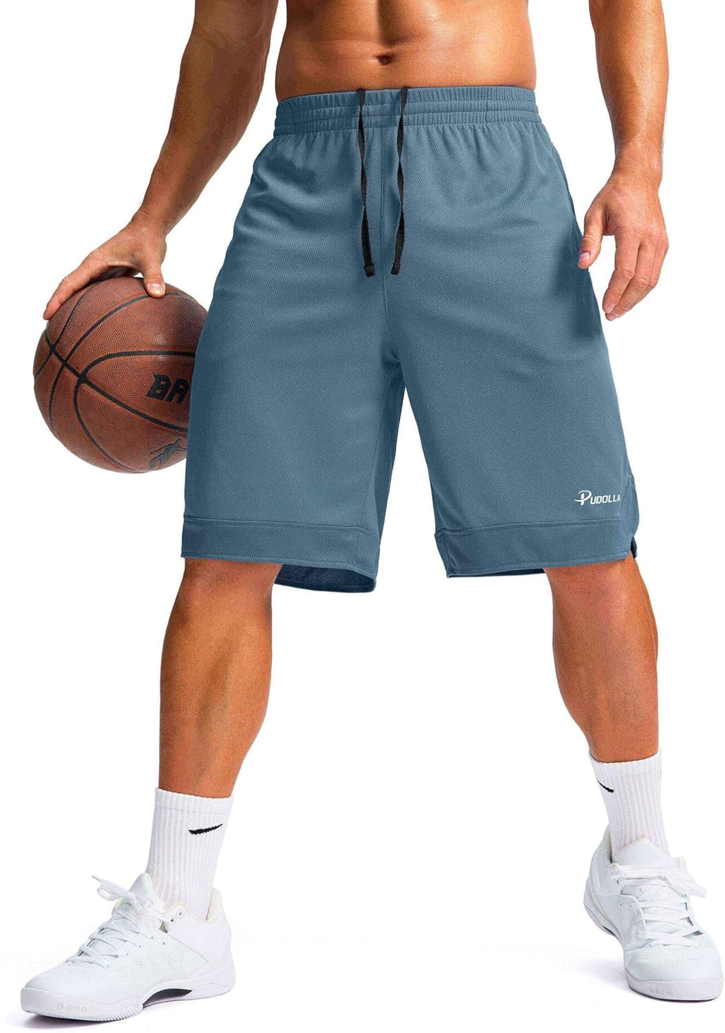 Pudolla Men's Basketball Shorts - Lightweight Quick-Dry Gym Shorts with Zipper Pockets | 11" Length