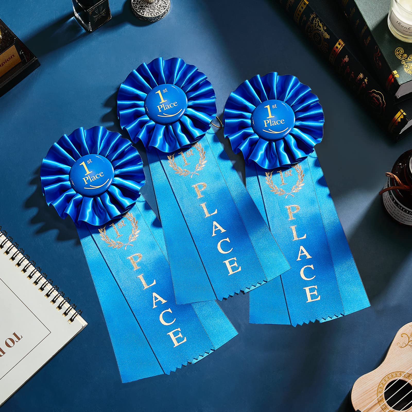 Lewtemi 3 Packs 1st Place Blue Ribbon Award Rosette Ribbon Grand Prize Ribbons Winner Victory Prize Deluxe Recognition Award for Classroom, Competition and Sports Events
