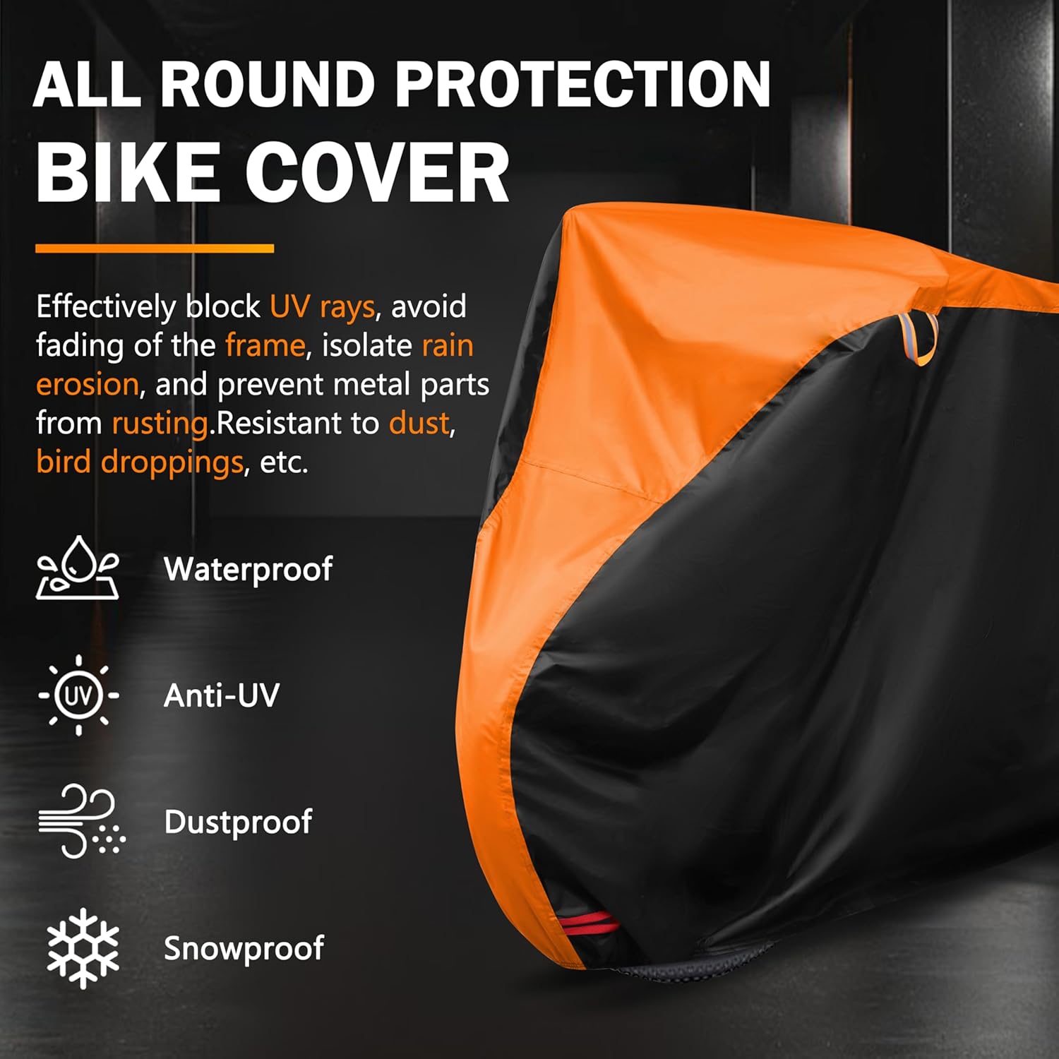 Skiennix Bike Cover - All-Weather Waterproof Protection | Lock Hole for Mountain & Road Bikes - XL Black & Orange (79 x 27.5 x 44 Inches)