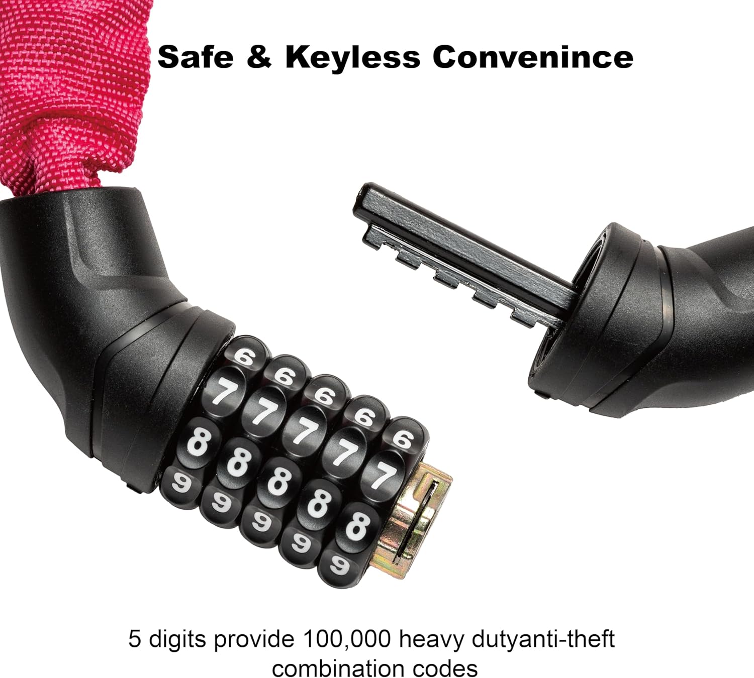 Via Velo Bike Chain Lock - Heavy Duty 5-Digit Resettable Combination Security Lock | 2.95 Ft Rose Red