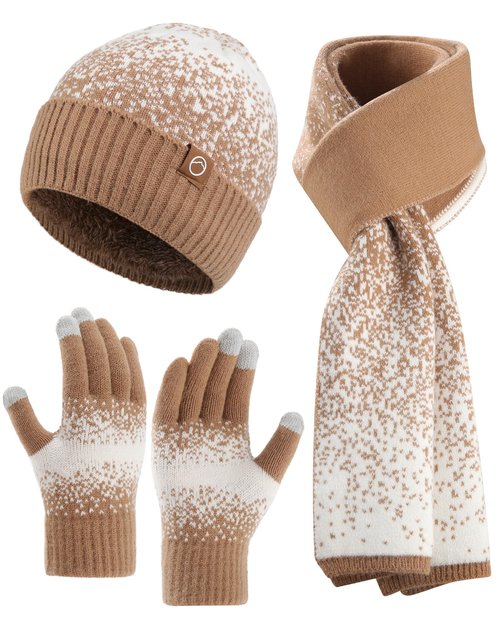 AWAYTR Winter Hat Gloves Scarf Set for Women, 3 Pcs Knit Beanie Touchscreen Gloves Long Scarf Cold Weather Set, Khaki