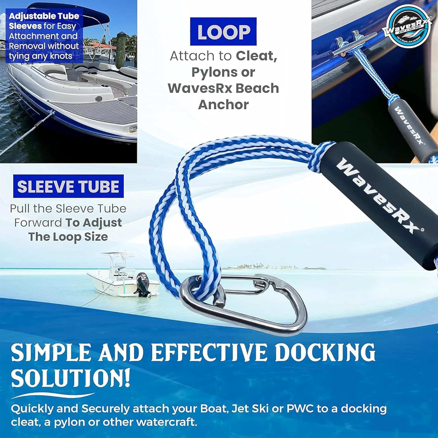 WAVESRX DockingPal - Premium Bungee Dock Line for Boats & PWC | Shock-Absorbing Elastic Mooring Rope for Safe Docking