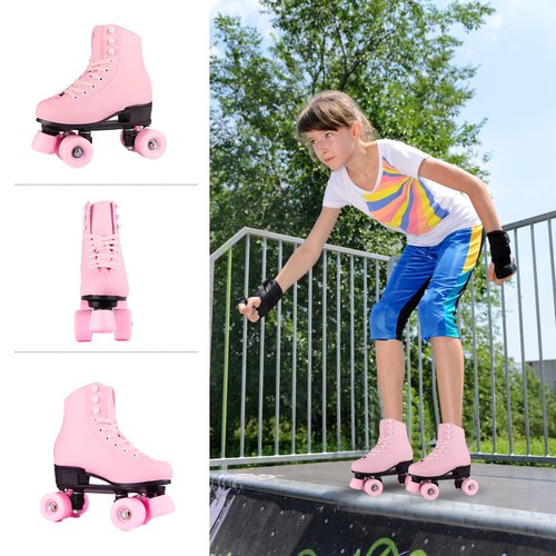 HALOSK Outdoor Roller Skates for Women Girls Boys and Youth, Pink Derby Quad Rollerskates with Light up Wheels, High-top Leather Suitable for Indoor Outdoor Size US 8