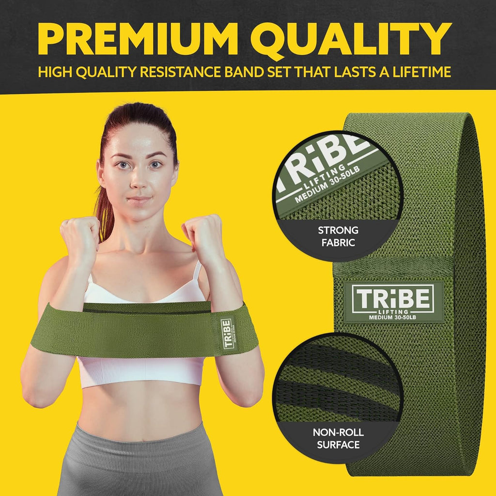 Tribe Lifting Resistance Bands - Non-Slip Fabric Workout Bands Set for Legs & Glutes - 3 Pack