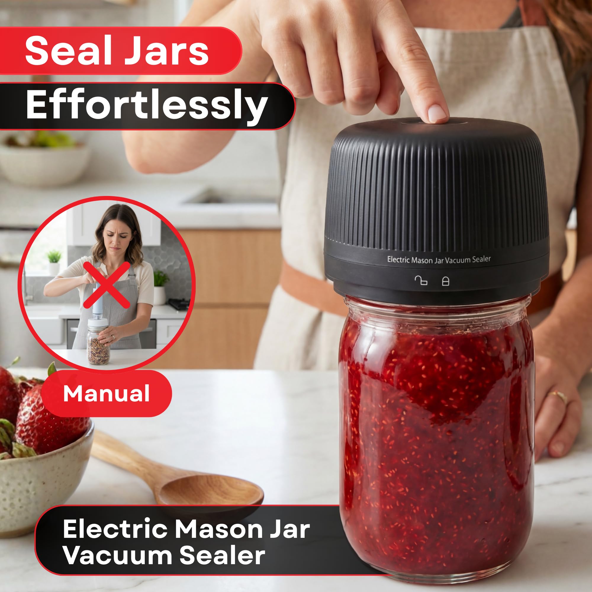 Electric Mason Jar Vacuum Sealer Kit – Rechargeable & Automatic, Works with Wide & Regular Mouth Canning Jars for Airtight Food Storage