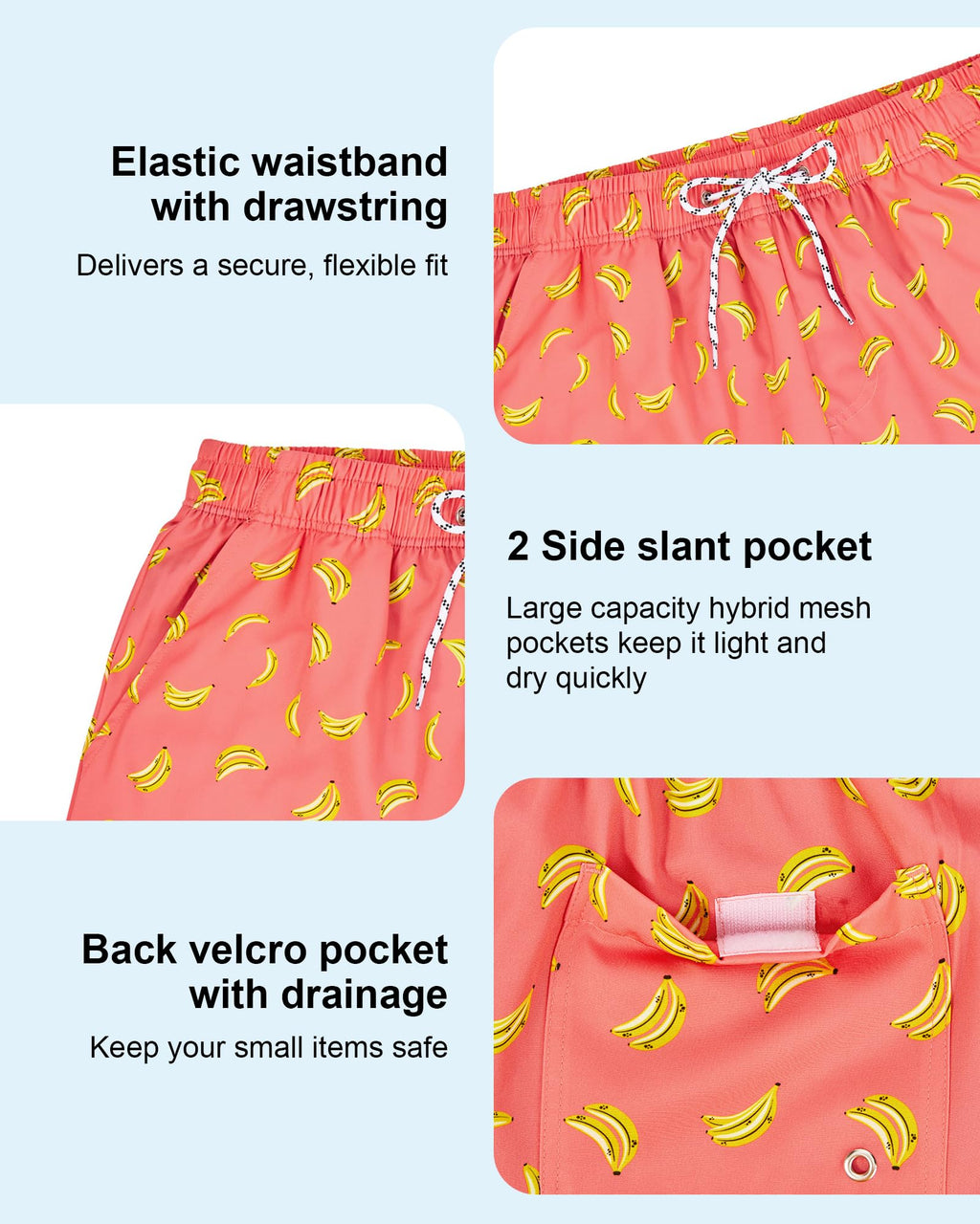 American Trends Men's Swim Trunks 7 Inch with Compression Liner Quick Dry Swim Shorts for Men Beach Board Shorts Bathing Suit with Pockets Medium Pink Orange Banana