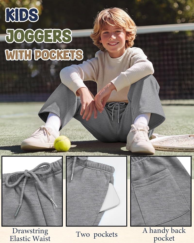 4 Pack Boys Baggy Sweatpants with Pockets - Medium Grey, Light Grey, Dark Grey, Black (5-14y)