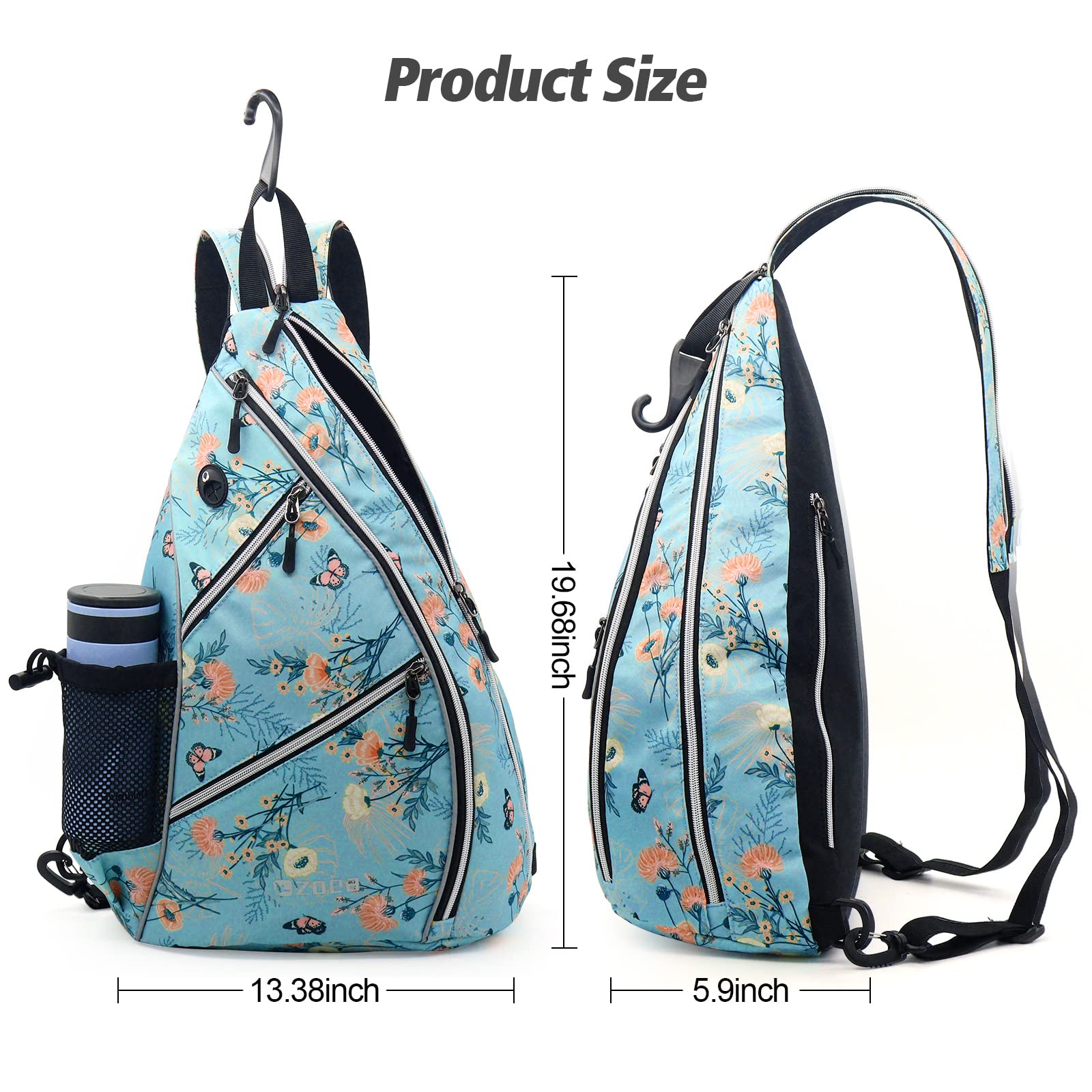 ZOEA Pickleball Sling Bag, Adjustable Pickleball Backpack with Fence Hook Water Bottle Holder, Fits 4 Paddles and All Your Other Gear (Flower Blue)