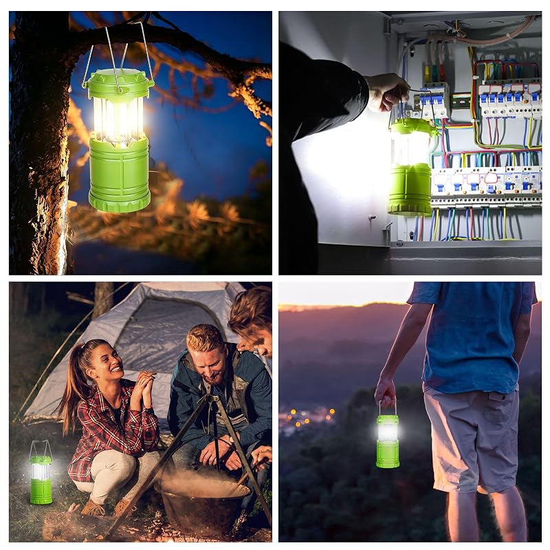4-Pack Mini LED Green Camping Lanterns - 250 Lumen, 360° COB Light, ABS Portable & Collapsible (Variation: 4)