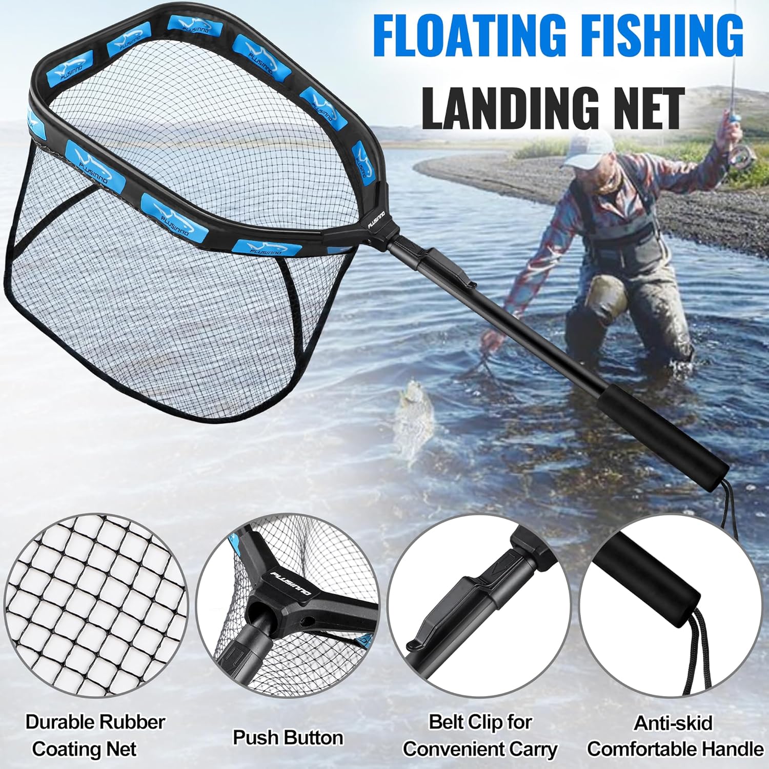 PLUSINNO Floating Fishing Net - Rubber Coated, Foldable Design with Telescoping Handle | Ideal for Steelhead, Salmon, Bass, and Trout Fishing