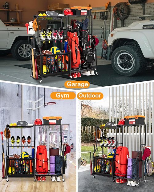 Garage Sports Equipment Organizer - Heavy-Duty Rolling Golf Bag Storage Rack with Bins & Hooks | Black, Large