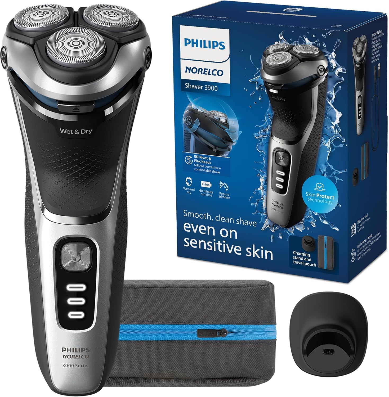 Philips Norelco Shaver 3900 Series - Wet & Dry Electric Shaver with Travel Pouch & Charging Stand - Storm Blue