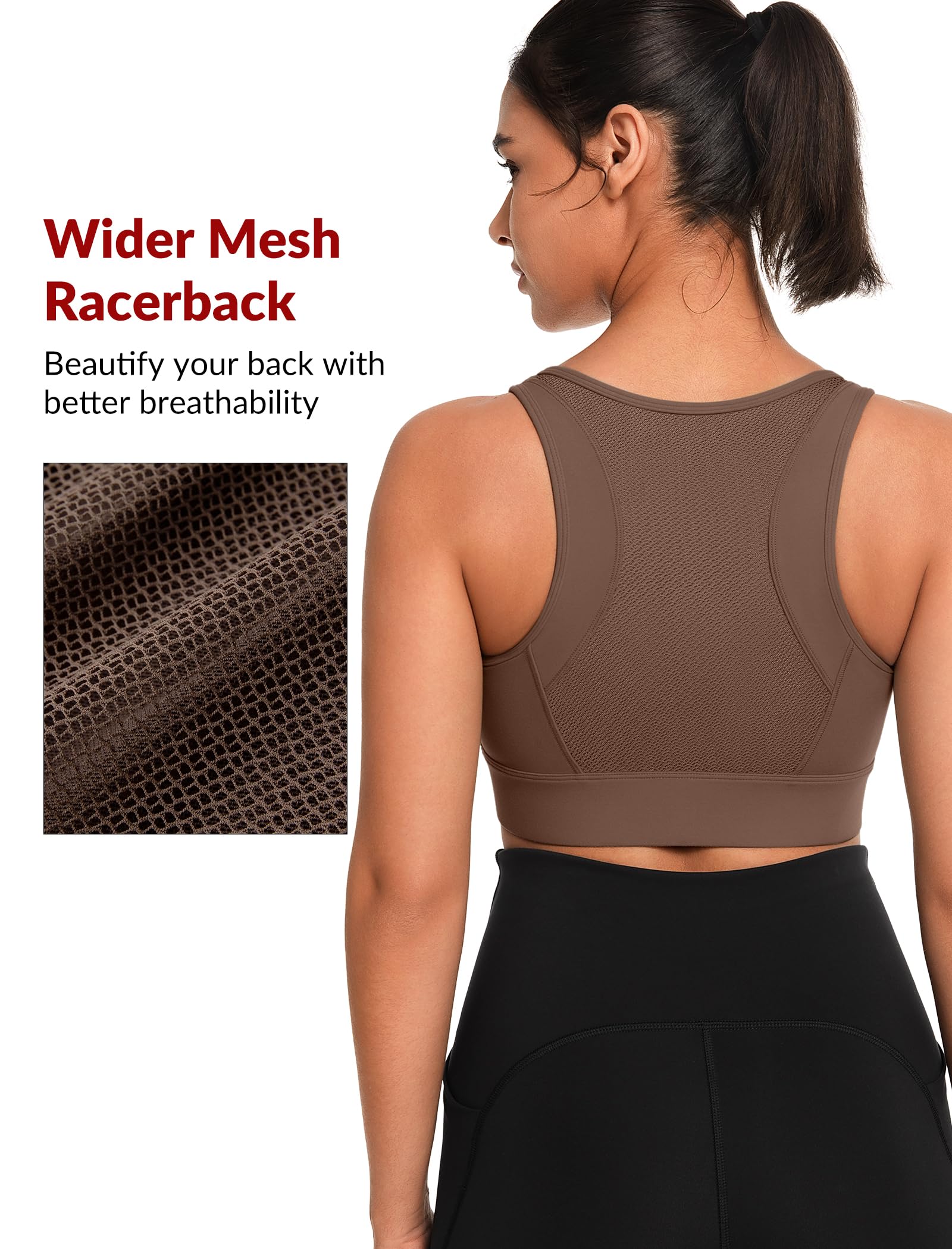 Yvette Front Closure Sports Bras for Women High Support Large Bust Supportive Sports Bra High Impact for Running,Coffee,L+