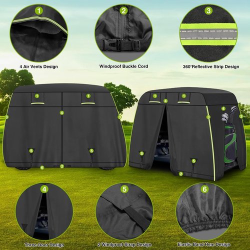 600D Oxford 2/2+2/4 Passenger Golf Cart Cover Fits EZGO, Club Car, Yamaha Golf Carts with Safe Reflective Strips, All Weather Protection/Waterproof/Snowproof/Windproof/Sunproof