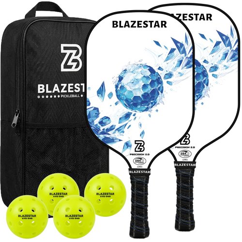 Ginullus X Blazerstar Pickleball Paddles Set of 2, USAPA Approved, Fiberglass Surface Pickleball Rackets with 4 Durable Outdoor Balls and 1 Bag, Ideal for Beginner, Gifts for Women and Men