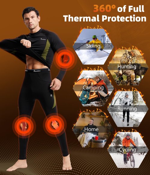 romision Thermal Underwear Long Johns for Men Fleece Lined Base Layer Cold Weather Hunting Gear Bottom and Top Set