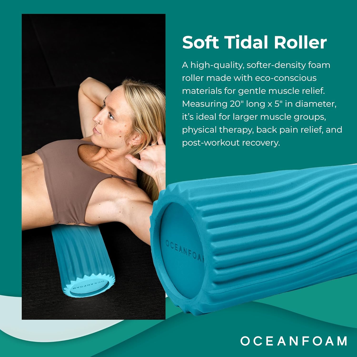 Oceanfoam Soft Tidal Roller - Miami Blue Low Density Foam Roller for Therapy & Exercise | 20" x 5" Wave Textured