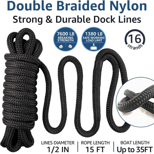 Marine Grade Dock Lines by [Brand Name] - 1/2" x 15' Double Braided Nylon Boat Rope - Fray Resistant, Easy Handling, 12" Loop - Black | 2 Pack