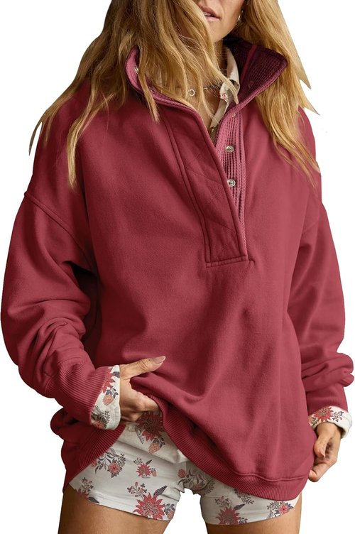 Gacaky Oversized Sweatshirt for Women - Casual Long Sleeve Button Henley Neck Top in Stylish Design