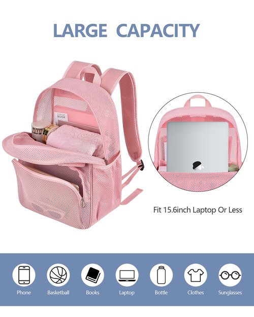Mesh Backpack with Inner Compartment, Large Heavy Duty Mesh Bag with Padded Shoulder Straps for Travel Swimming Hiking Beach - Princess Pink