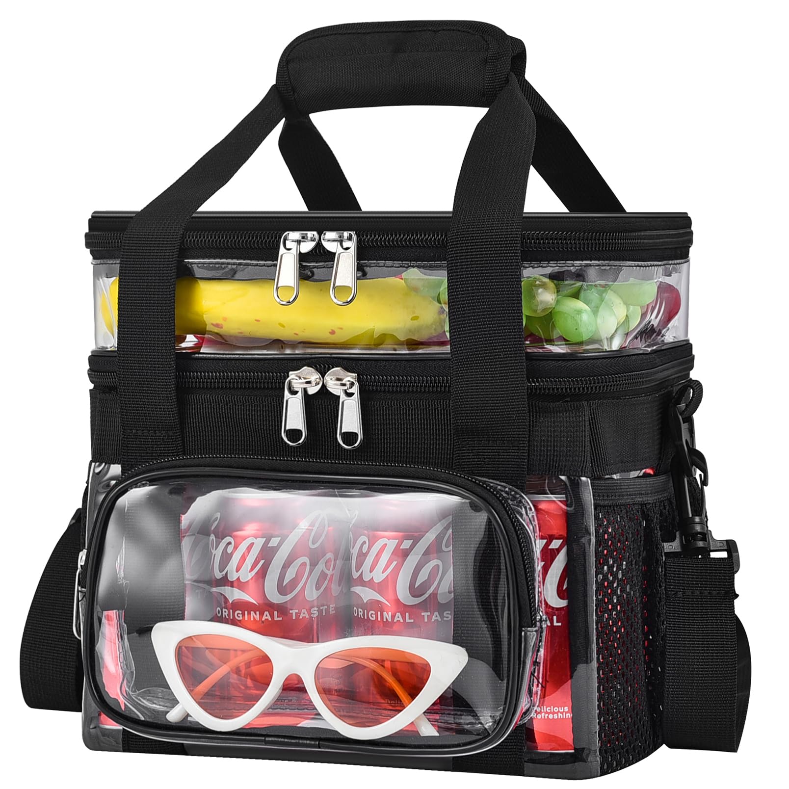 Jeluno Clear Lunch Bag - Large Clear Lunch Bag for Work Double-Deck Reusable Lunch Bag with Adjustable Strap, Front Pocket and Top Compartment for Picnic, Beach, Work, School（2-3 People Use）