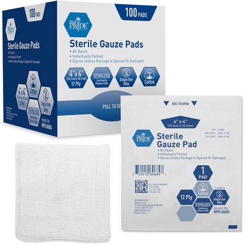 MED PRIDE Sterile Gauze Dressing Pads Individually Wrapped, Nonstick 12-Ply Cotton, Highly Absorbent for Wound Care (4x4 Inch (Pack of 100))