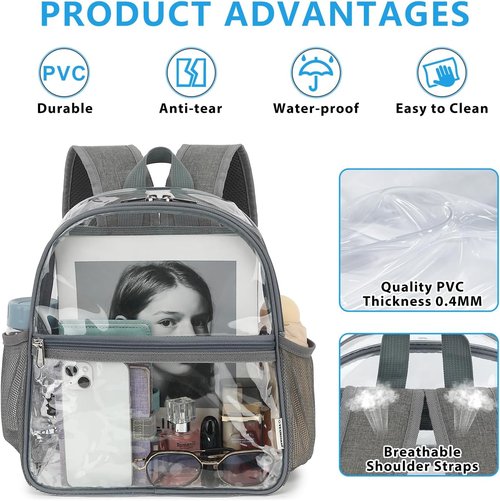 Fammart Clear Backpack Stadium Approved 12x6x12 - Kids & Small Adult Transparent Backpack for School, Work, Sports, Concerts - Clear Bag