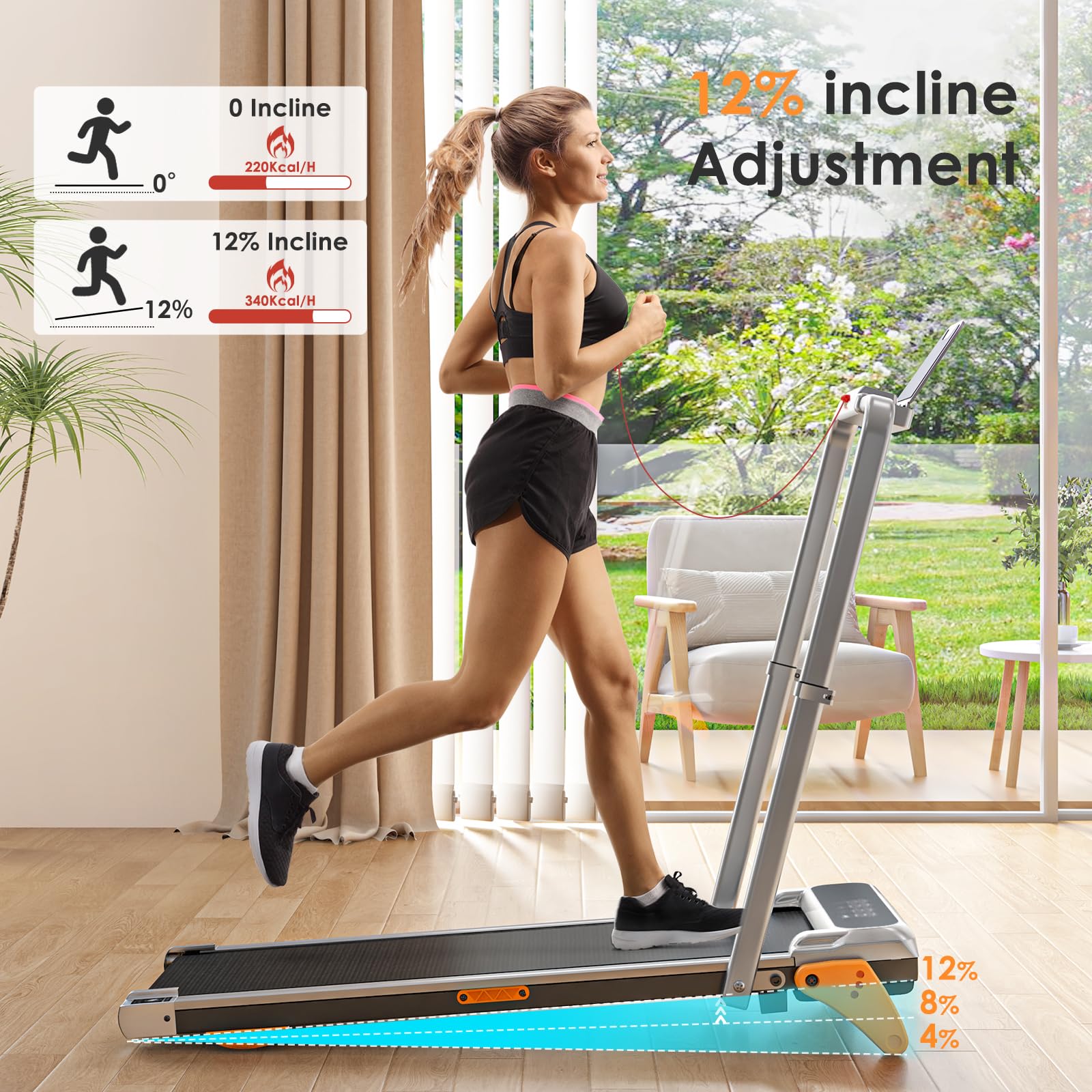 Walking Pad with Incline Portable Treadmill with Handle Bar for Home Office Under Desk Use Small Space Treadmill, Silver