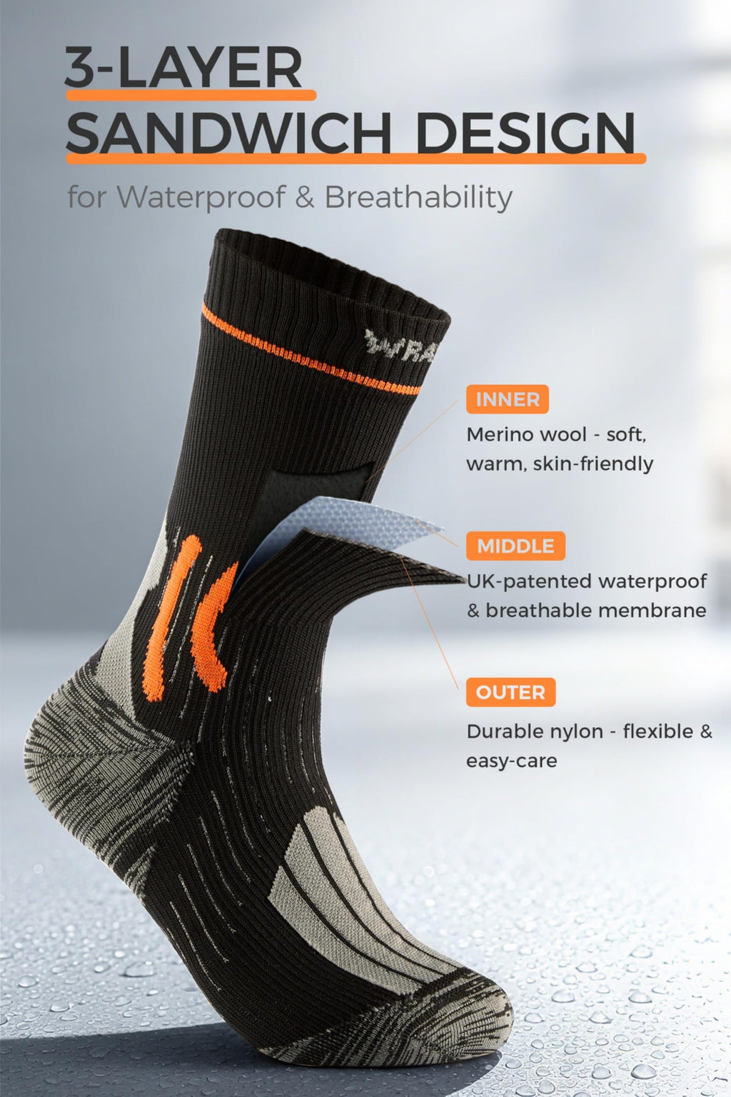 WRAP ME Waterproof Socks for Men, Waterproof Hiking Socks with Breathable Cushion, Outdoor Adventures, Running, Hiking, Water Sports