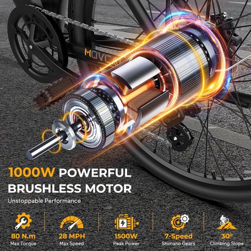 Movcan V80 Electric Bike - 1000W Motor, 28MPH Speed, 26'' City Cruiser | 48V 13Ah Battery, 70 Miles Range