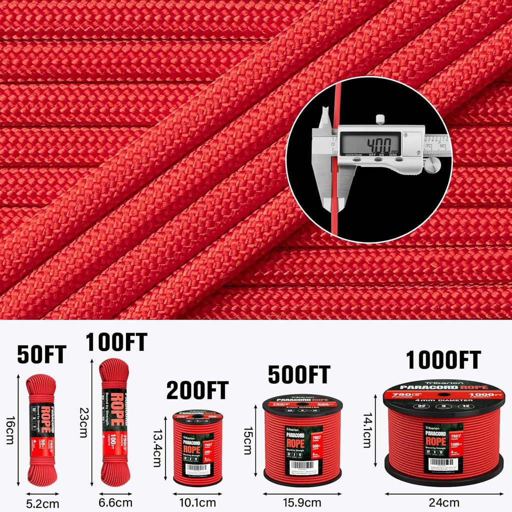 Paracord Rope 750 lb | Heavy Duty 100ft 5/32" Parachute Cord - Durable Survival & Camping Gear - Red