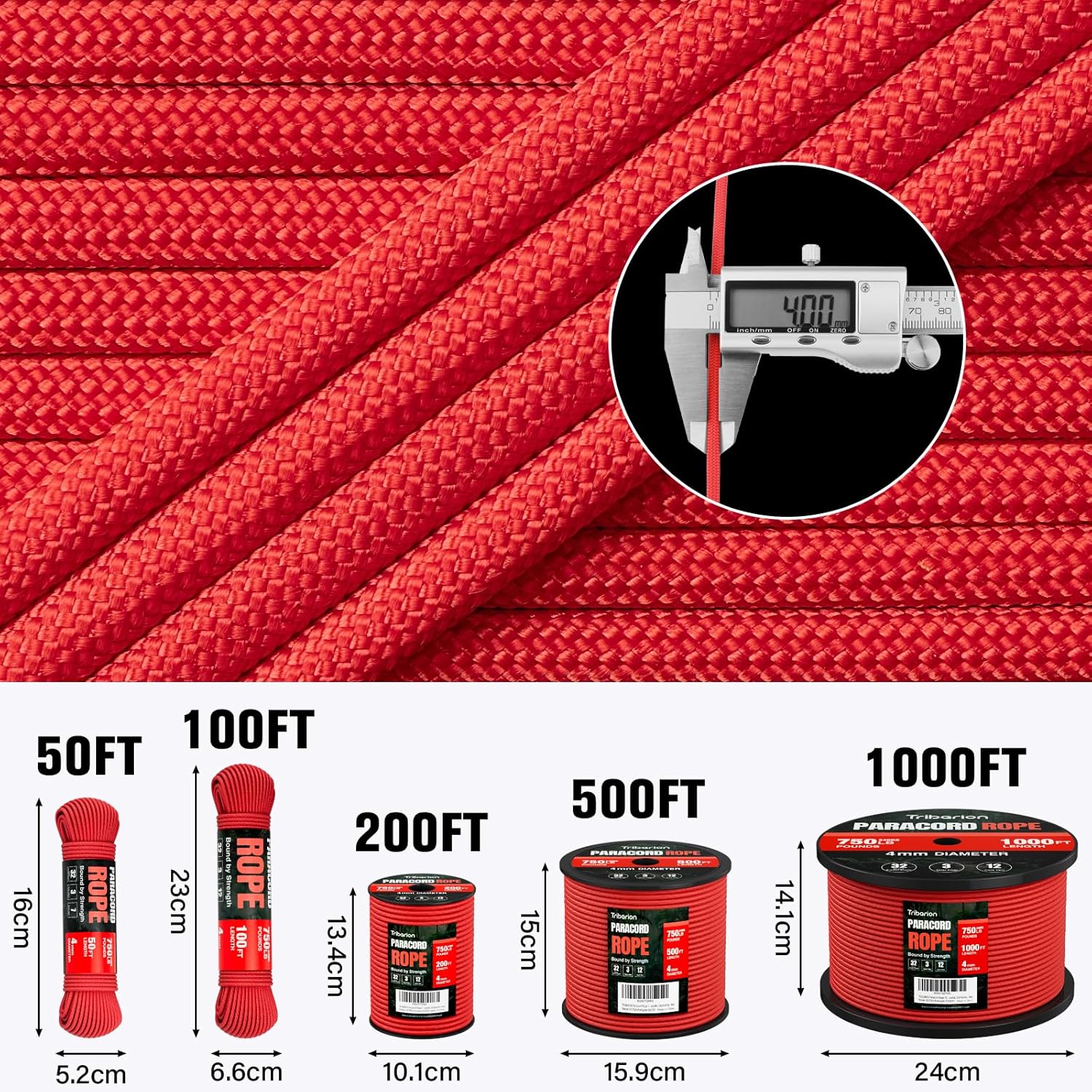 Paracord Rope 750 lb | Heavy Duty 100ft 5/32" Parachute Cord - Durable Survival & Camping Gear - Red