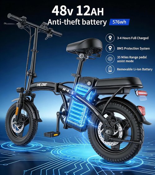 HLOIE Folding Electric Bike - 750W Motor, 23MPH Max Speed | Compact 14" Ebike with 48V12AH Battery, 35 Miles Range