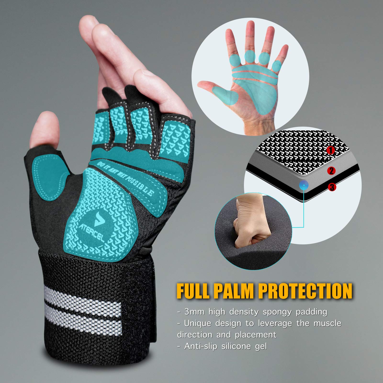 ATERCEL Weight Lifting Gloves Breathable Workout Gloves with Wrist Support for Gym, Exercise, Pull Ups, Super Lightweight for Men and Women, Full Palm Protection, Black, L