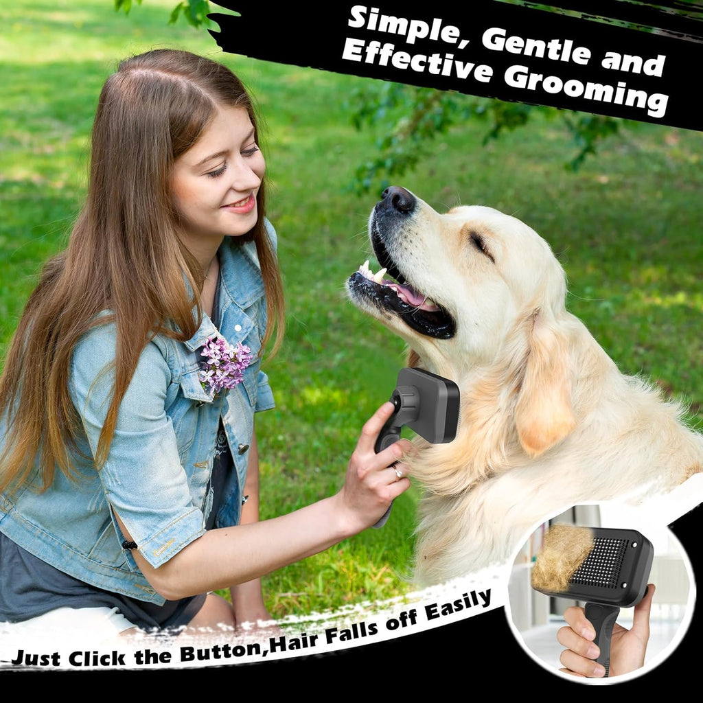 Skiennix Self-Cleaning Slicker Brush Set - Pet Grooming Rake & Flea Comb for Dogs, Cats, Horses | Premium Gray Tool