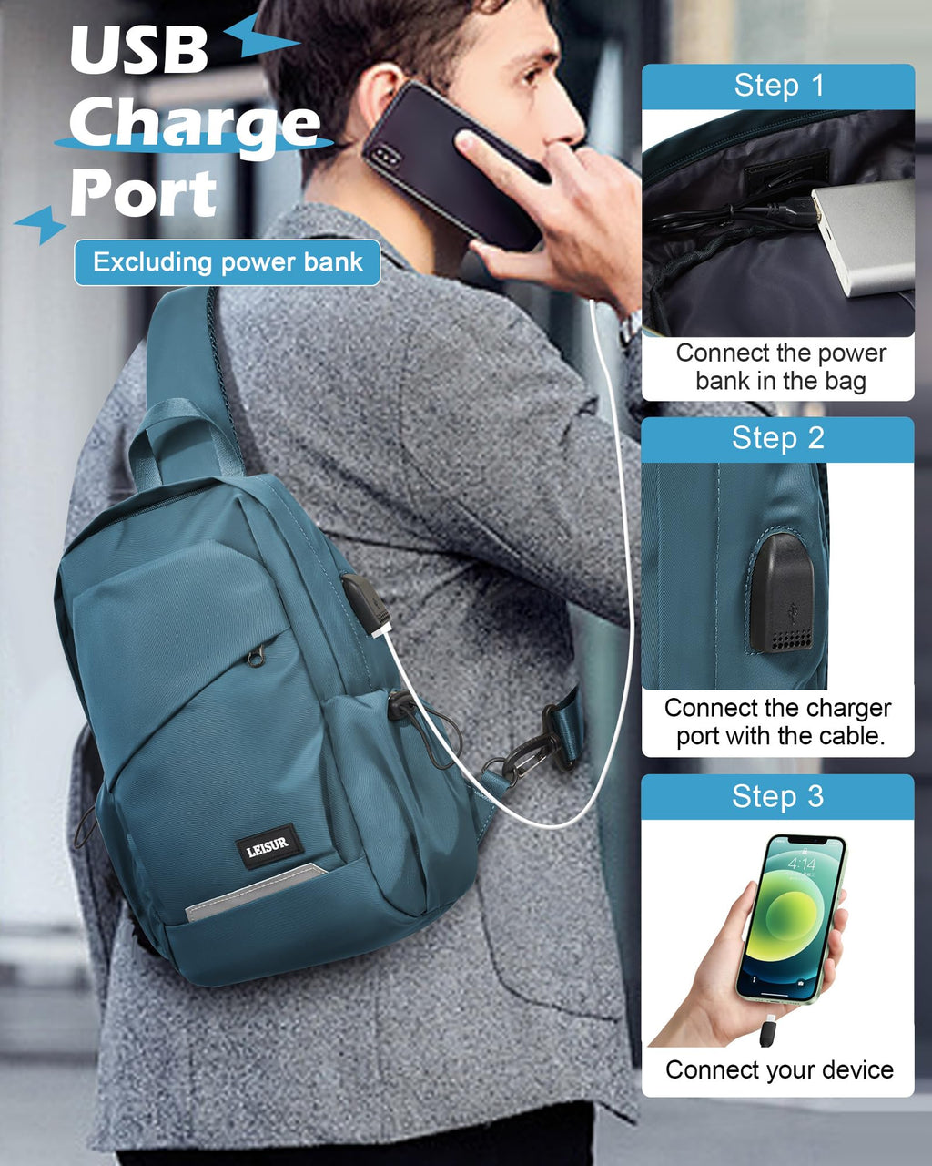 Small Sling Bag for Men Women - Lightweight Crossbody Backpack, Multipurpose Shoulder Bag, Compact Chest Daypack for Travel Hiking Gym Sport with USB Charger Port Peacock Blue