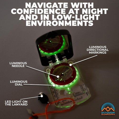 Outdoor Guardian Pathfinder Sighting Compass - Precise Navigation, Hiking and Orienteering Mirror Compass with Luminous Bezel, Adjustable Declination, Clinometer, LED and Survival Whistle, Scout Gifts