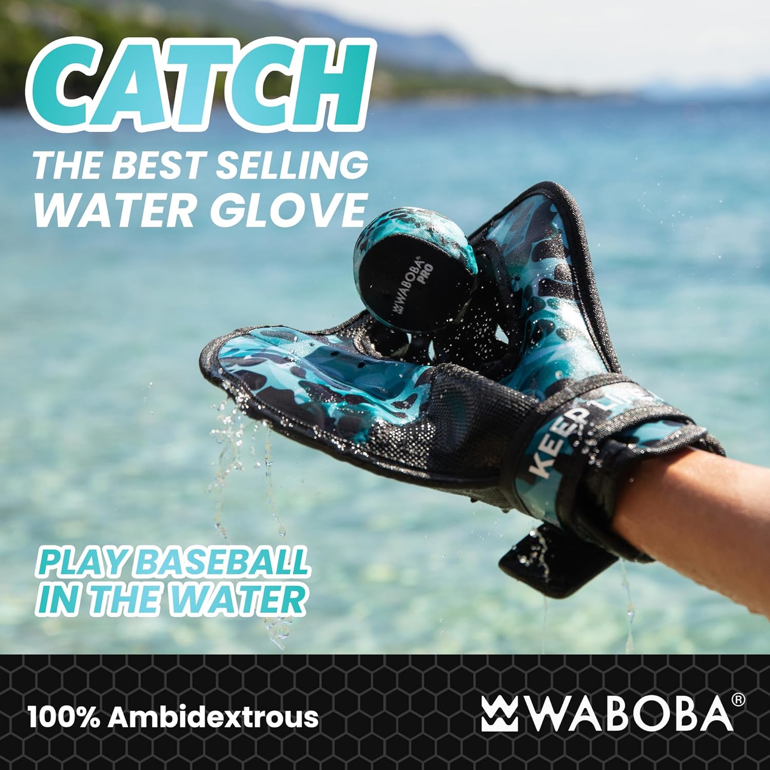 Waboba Catch Water Gloves - Pro Water Bouncing Ball Set for Beach & Pool Games | 2 Baseball Mitts, Black