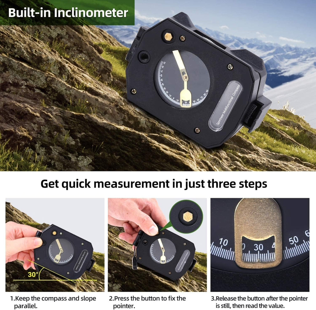 Sportneer Multifunctional Compass - Army Green & Black with Inclinometer for Camping & Backpacking
