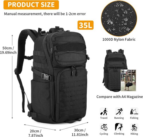 HUNTVP Tactical Backpack - 35L Military MOLLE Daypack for Work, Camping & Hiking | Black