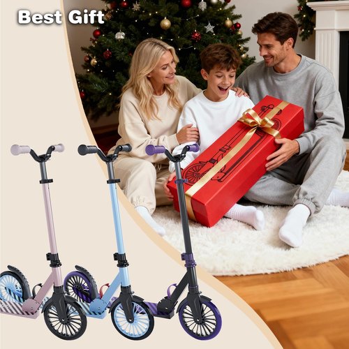 Scooter for Kids, Lightweight Foldable Kick Scooter, 4-Level Adjustable Handlebar, 8-Inch Large Wheels with Shock Absorption, for Ages 6 and Up (Light Blue)